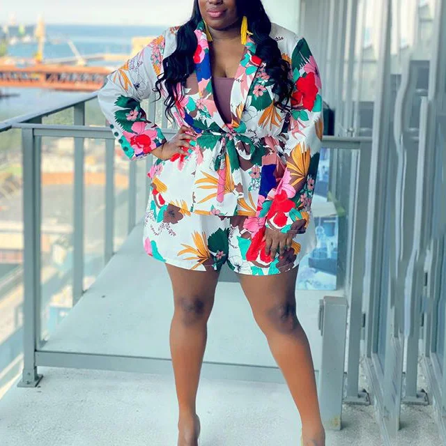 2 pieza de las mujeres conjuntos abrigo chaquetas blusas pantalones cortos conjuntos estampado Floral manga larga otoño moda 2020 Nuevos Sets