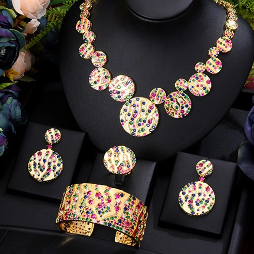 

Blachette Luxury 4PCS Round Necklace Earring Bangle Ring High Quality Jewelry Sets for Women Banquet Wedding Indian Bridal Gift