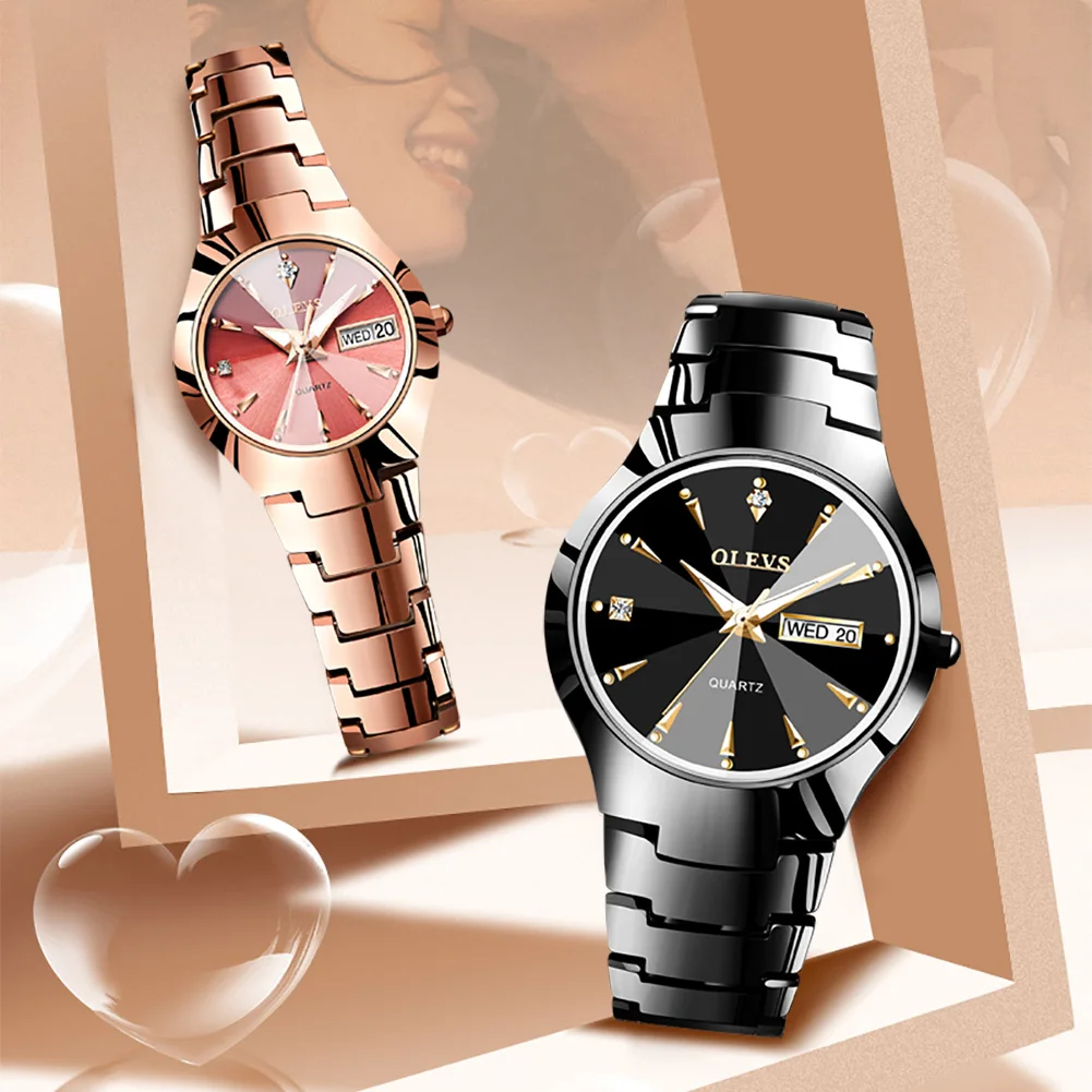 OLEVS Olevs Women Simple Quartz Watch Tungsten Steel Band Couple Watches Diamond Week Date Display Female Wristwatch reloj mujer