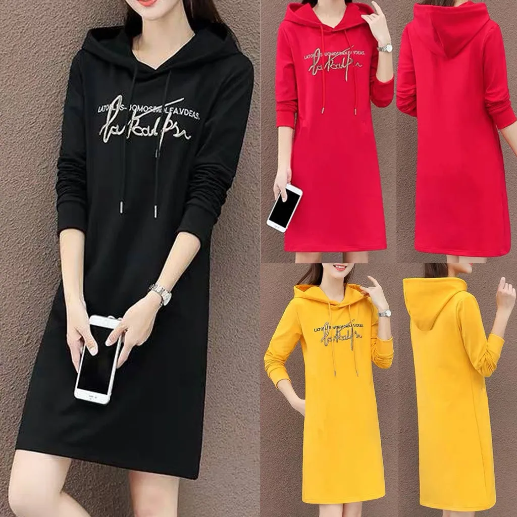 Женское осеннее платье с капюшоном и длинным рукавом|Женские платья| |
