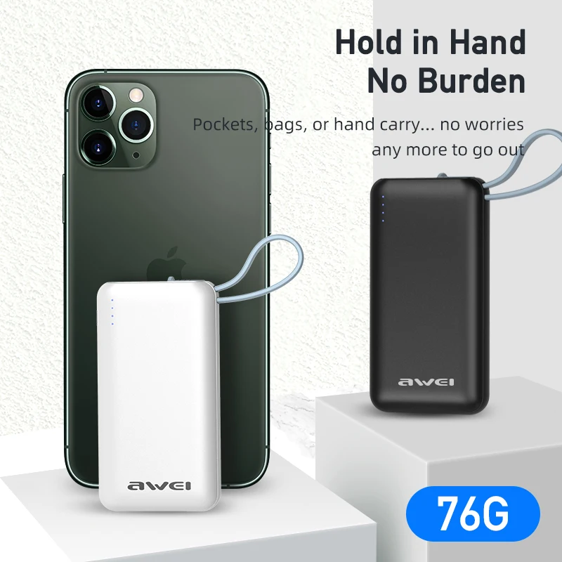 Портативное мини зарядное устройство AWEI на 3000 мА · ч с кабелями типа C компактная