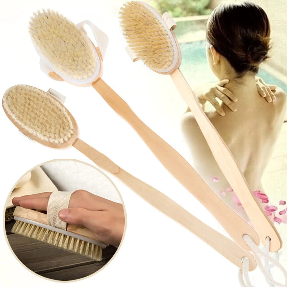 Wood Handle Bath Brush Long Reach Back Body Shower Bristle Scrubber Spa Bathroom Exfoliating Massager Products | Дом и сад