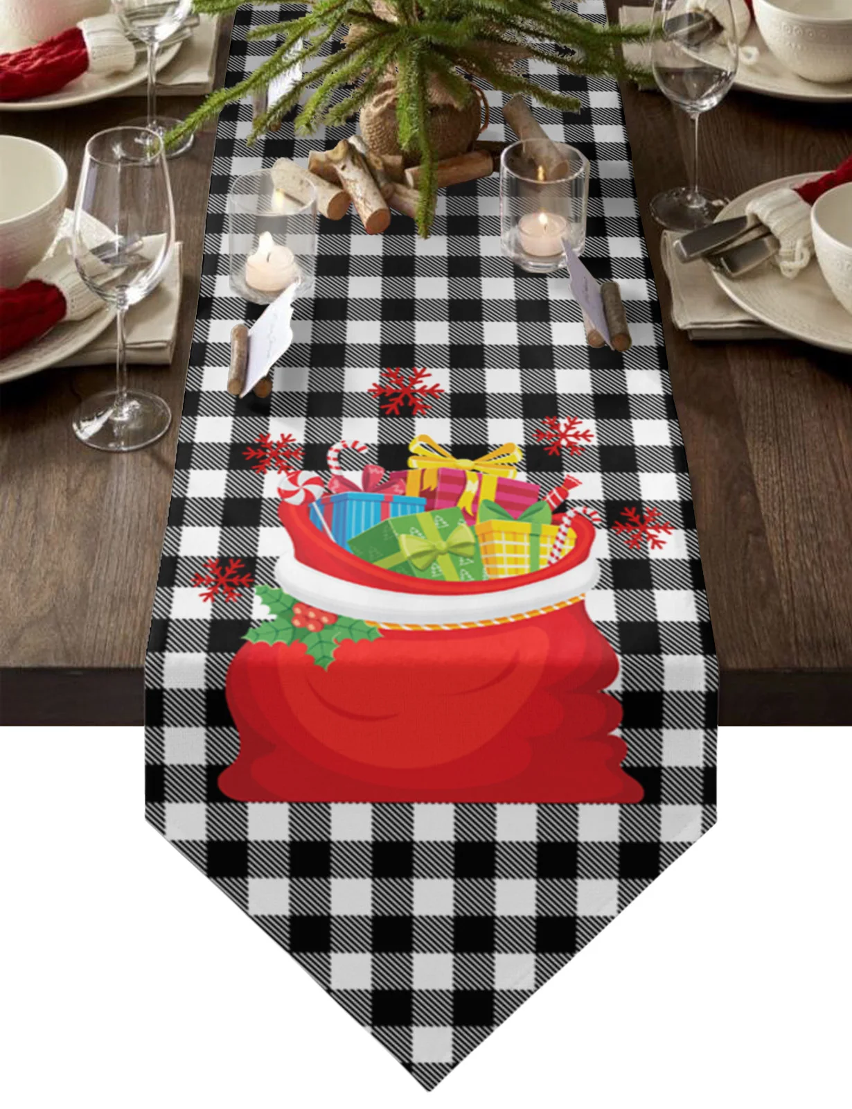

Christmas Black And White Plaid Gifts Candy Sacks Table Runner Desktop Tablecloth Decorations For Home Xmas New Year Ornaments