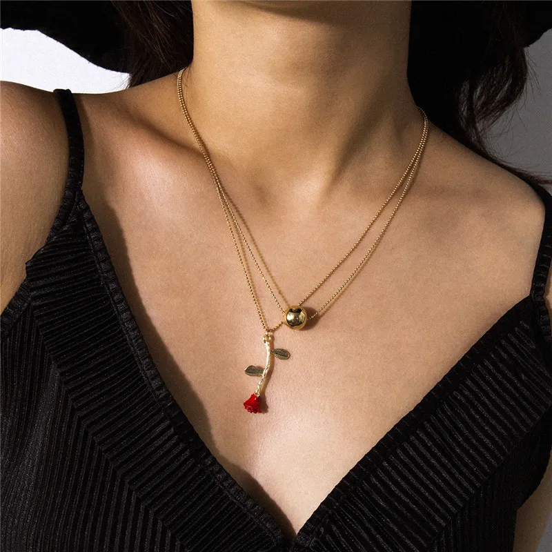 Женское многослойное колье с подвеской в виде красной розы|Цепочки| |