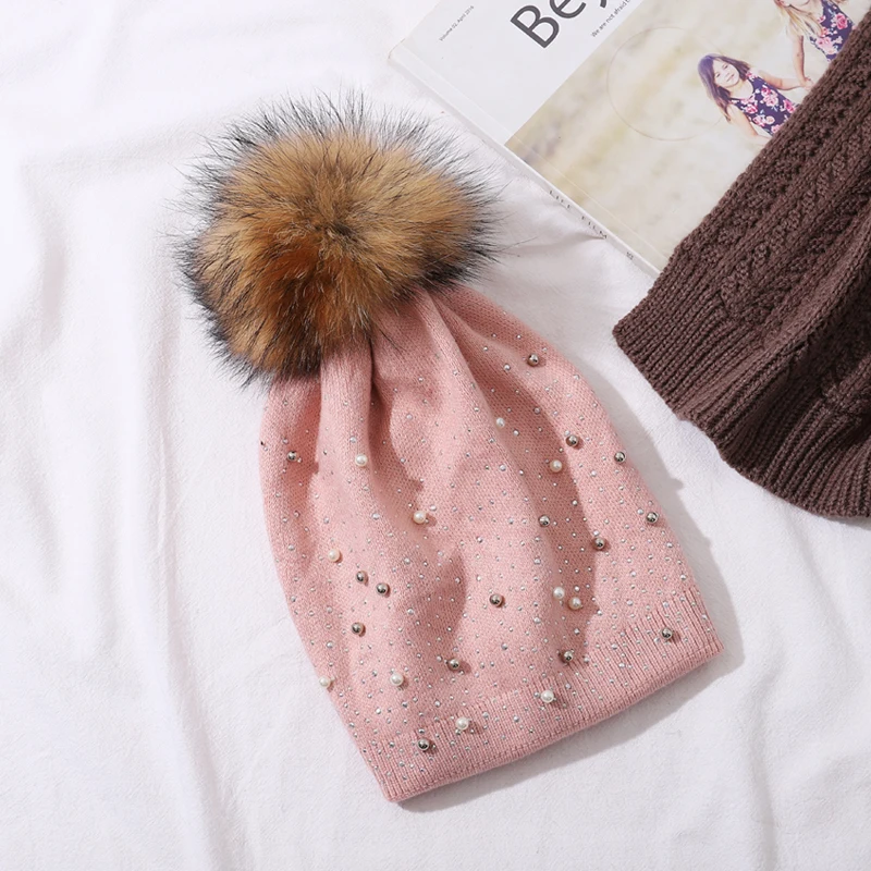 Женская вязаная шапка CNTANG зимняя теплая шерстяная с помпоном из натурального