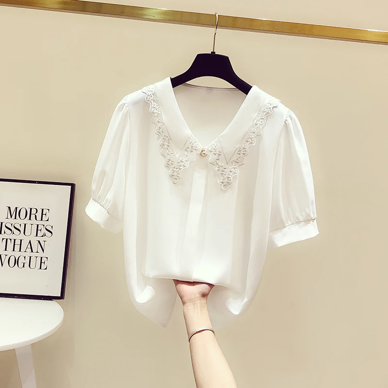 

Summer Red Shirt Women New Lace Embroidered Doll Collar Short Sleeve Blouse Ladies Temperament Chiffon Tops Blusas 2021