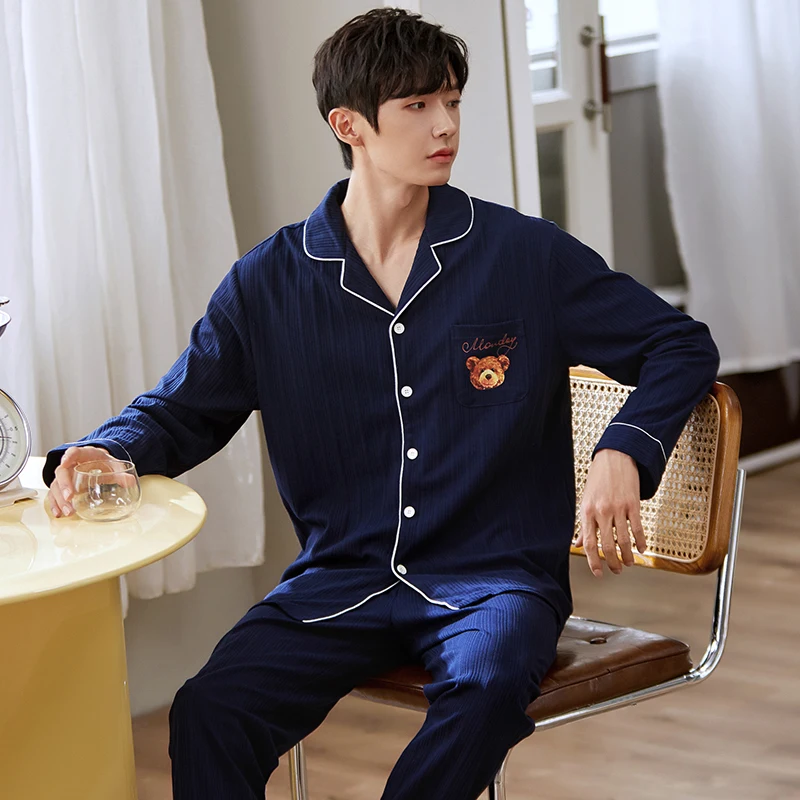 

Plus Size Men Long Sleeve Pajamas Set Winter Warm Cotton Men Homewear Cute Bear Cartoon Men Turn-down Collar Blue Sleepwear Suit