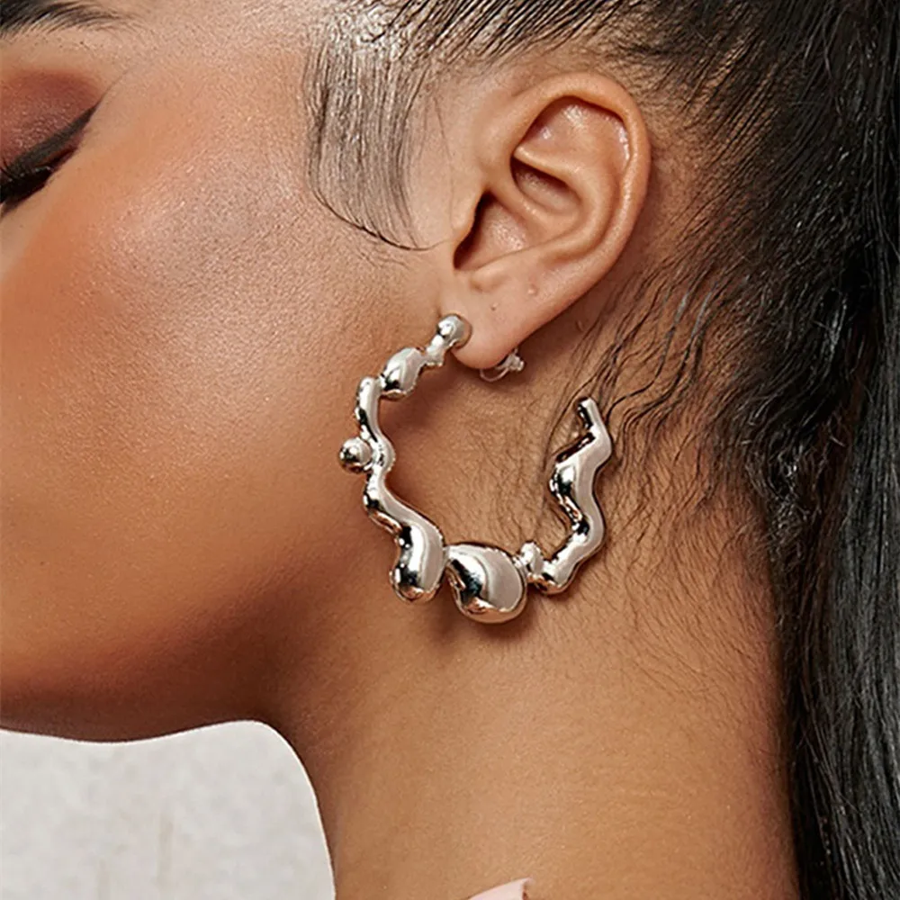 

Metal Silver Irregular C-shaped Wave Shape Circle Hoop Earrings Jewelry Gift for Women Geometric Round Earrings Accessories