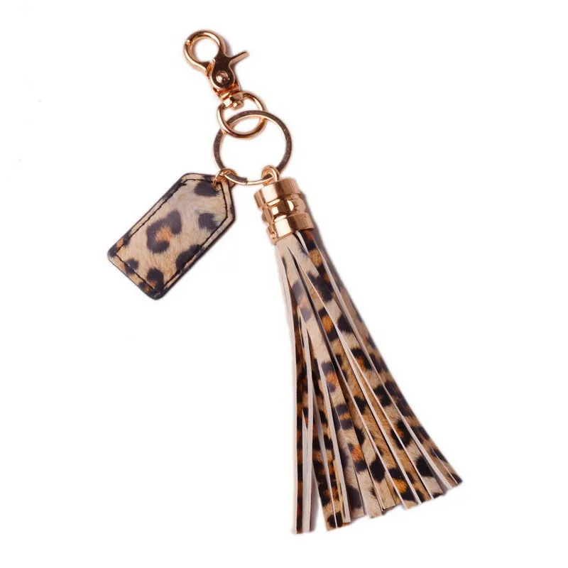 

Rainbery Leopard Monogram Leather Tassel Women Keychain Bag Pendant Alloy Car Key Chain Ring Holder Retro Jewelry DZ0064