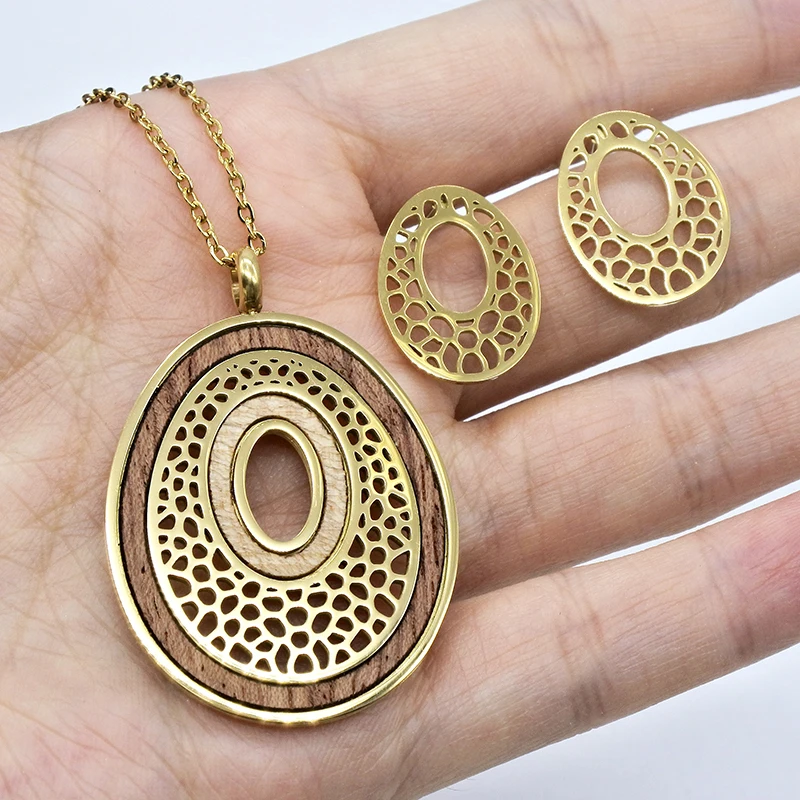 AMUMIU деревянная подвеска ожерелье серьги комплект модные ювелирные изделия