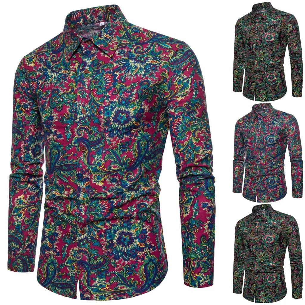 Camisa Masculina мужская повседневная рубашка из полиэстера с принтом винтажное
