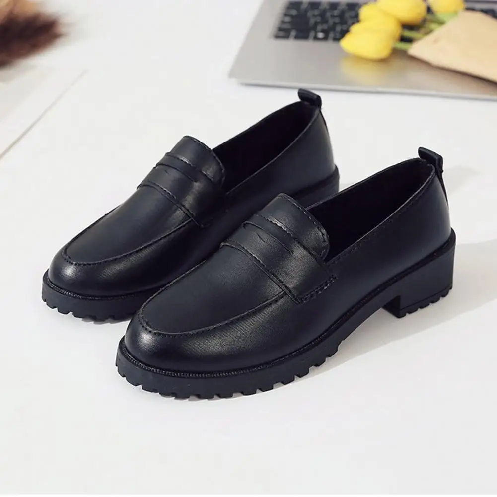 

Women Fashion Round Toe Faux Leather Block Heel Shoes Anti Skid Slip On Loafers