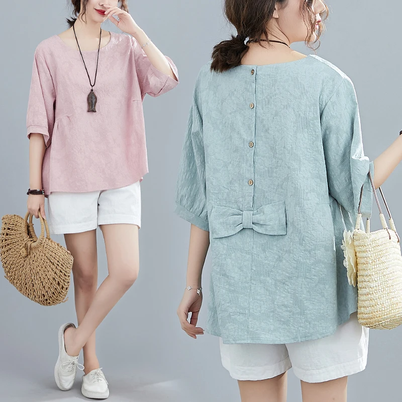 

Cotton and Linen Solid Women Blouse 2021 Summer Vintage O-neck Half Sleeved Loose Casual All Match Female Outwear Pulls Tops