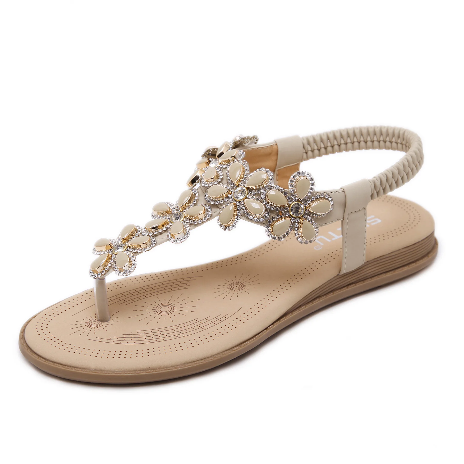 

Bohemian Summer Shoes Sweet Womens Flowers Flat Sandals High Quality Rhinestones Casual Flats Plus Size Women's Sandalias