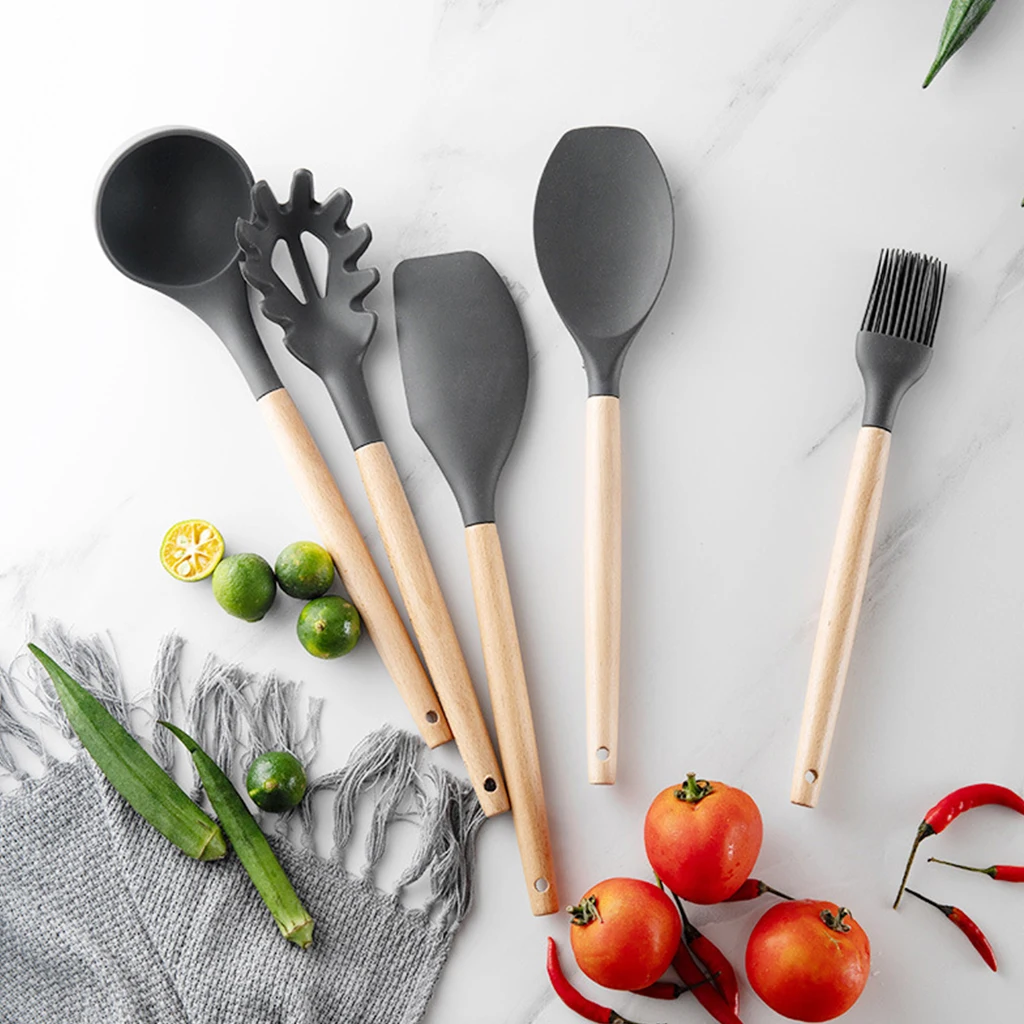 Silicone Spatula Heat-resistant Soup Spoon Non-stick Cooking Cookware Kitchen Tools None Toxic Bamboo Handles Cooking Tool 1 Pcs