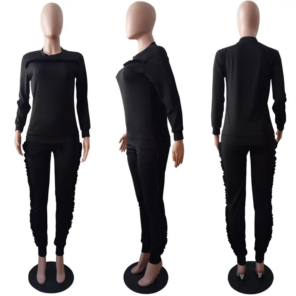 

Autumn new fashion solid color women's sports two piece set loose o-neck long sleeve T-shirt and trousers women's suit