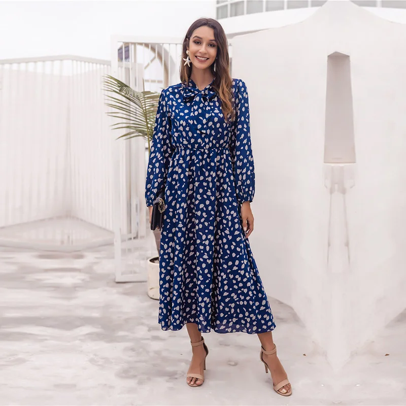 

Women's Bow Collar Full Sleeve Long Printed Dresses Ladies 2021 New Spring Summer Fashion Petal A Line Chic Dress