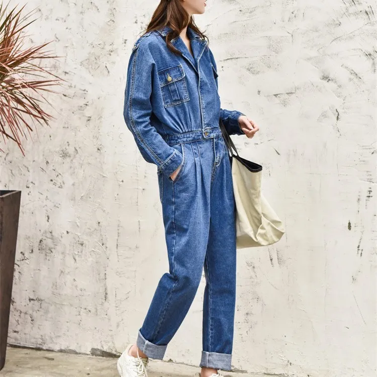 2019 New Solid Denim Jumpsuit Women Lapel Long Sleeve High Waist Jumpsuits Female Retro Casual Jeans Rompers | Женская одежда