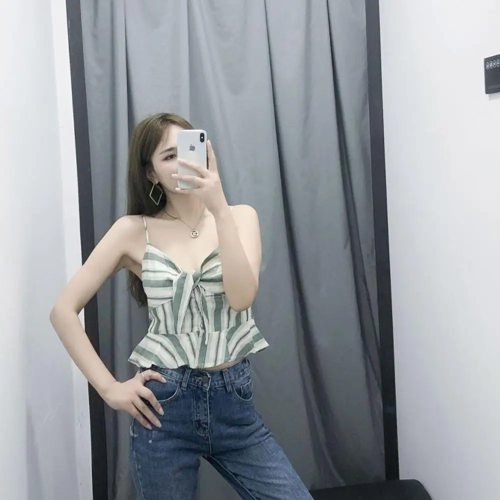 Топ женский в французскую полоску с V-образным вырезом и глубоким белая Зеленая