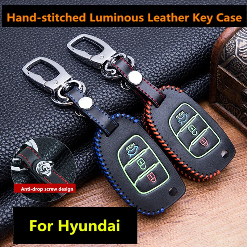 

Luminous Leather Car Key Fob Cover Case Set Keychain For Hyundai Tucson Creta ix25 i10 i20 i30 Verna Mistra Elantra 2015-2018