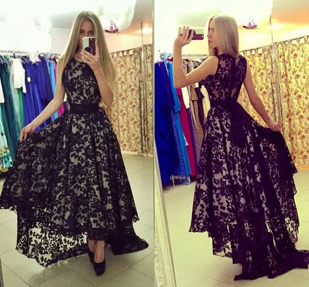 Black Lace Evening Dresses High Low Sleeveless Long Back Short Front Prom Women Party Dress Gown 2019 Vestido De Festa | Свадьбы и