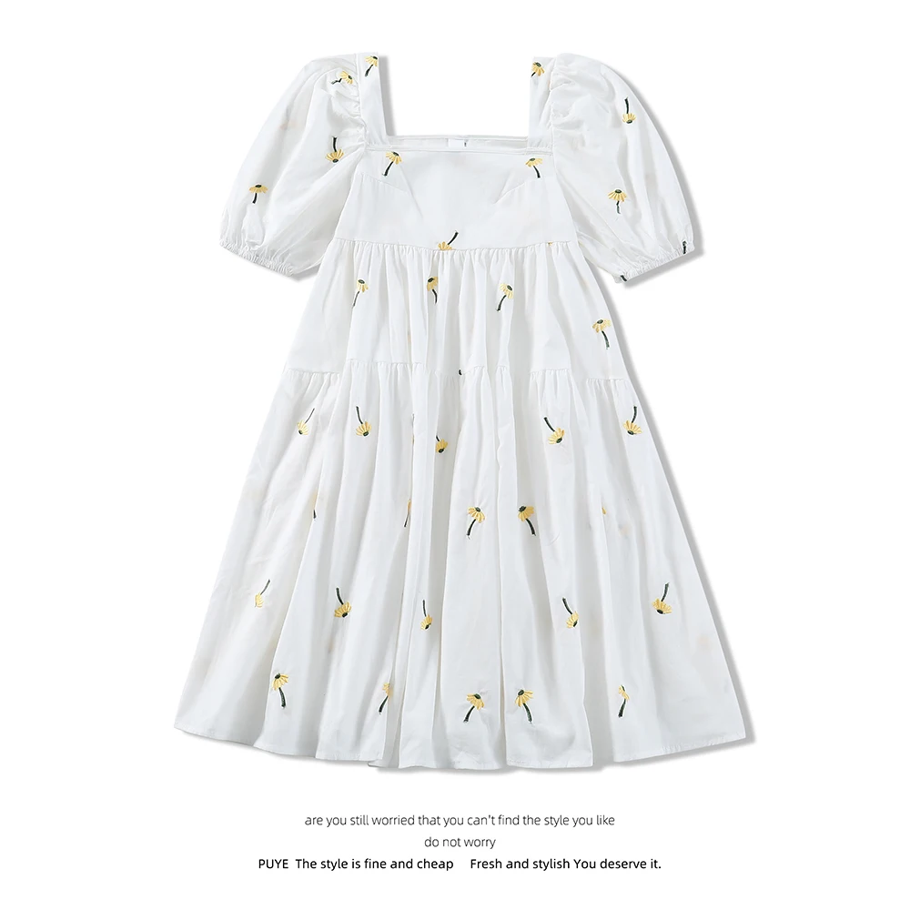 Машинная вышивка Цветочный принт платье женские новые летние с пышными рукавами