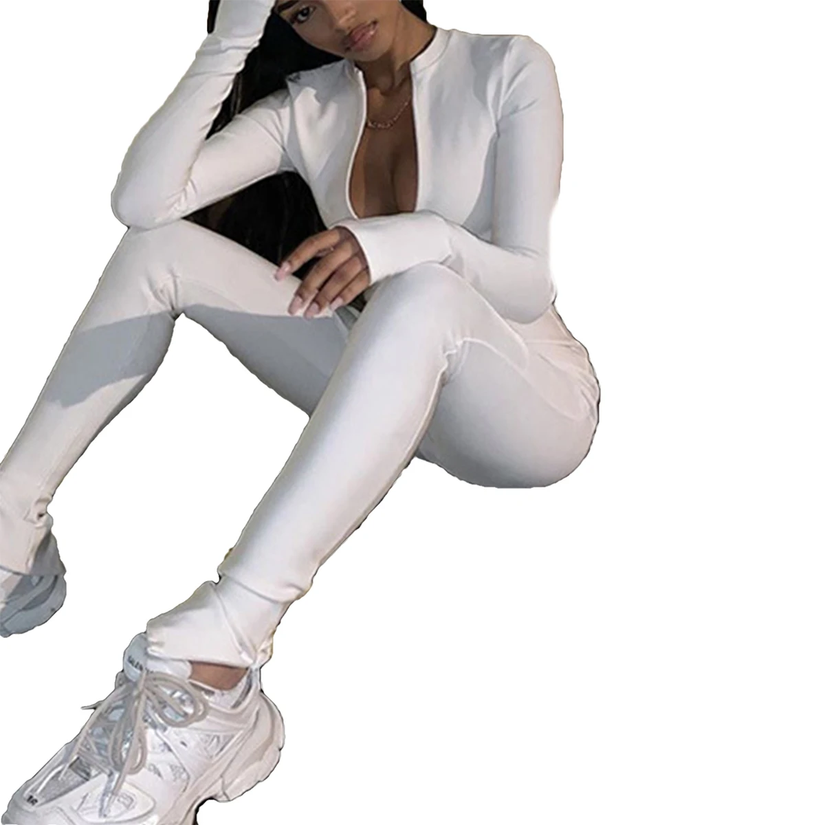 2020 Модные женские облегающие комбинезоны с длинным рукавом на молнии