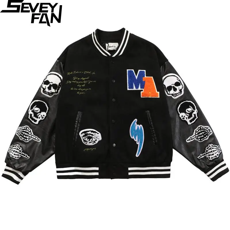 

Мужская Ретро-куртка SEVEYFAN с вышивкой черепа, замшевая бейсбольная куртка в стиле хип-хоп, блестящая куртка для пар