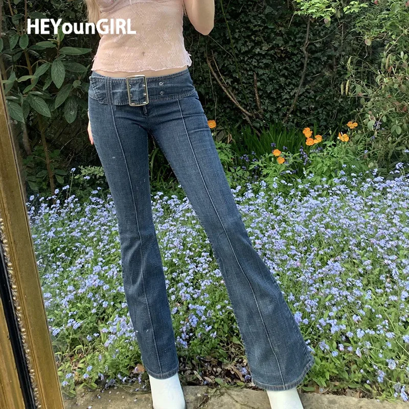 

HEYounGIRL Grunge Vintage Elegant Low Rise Jeans Woman Casual Skinny Denim Trousers with Belt Fashion Straight Pants Capris