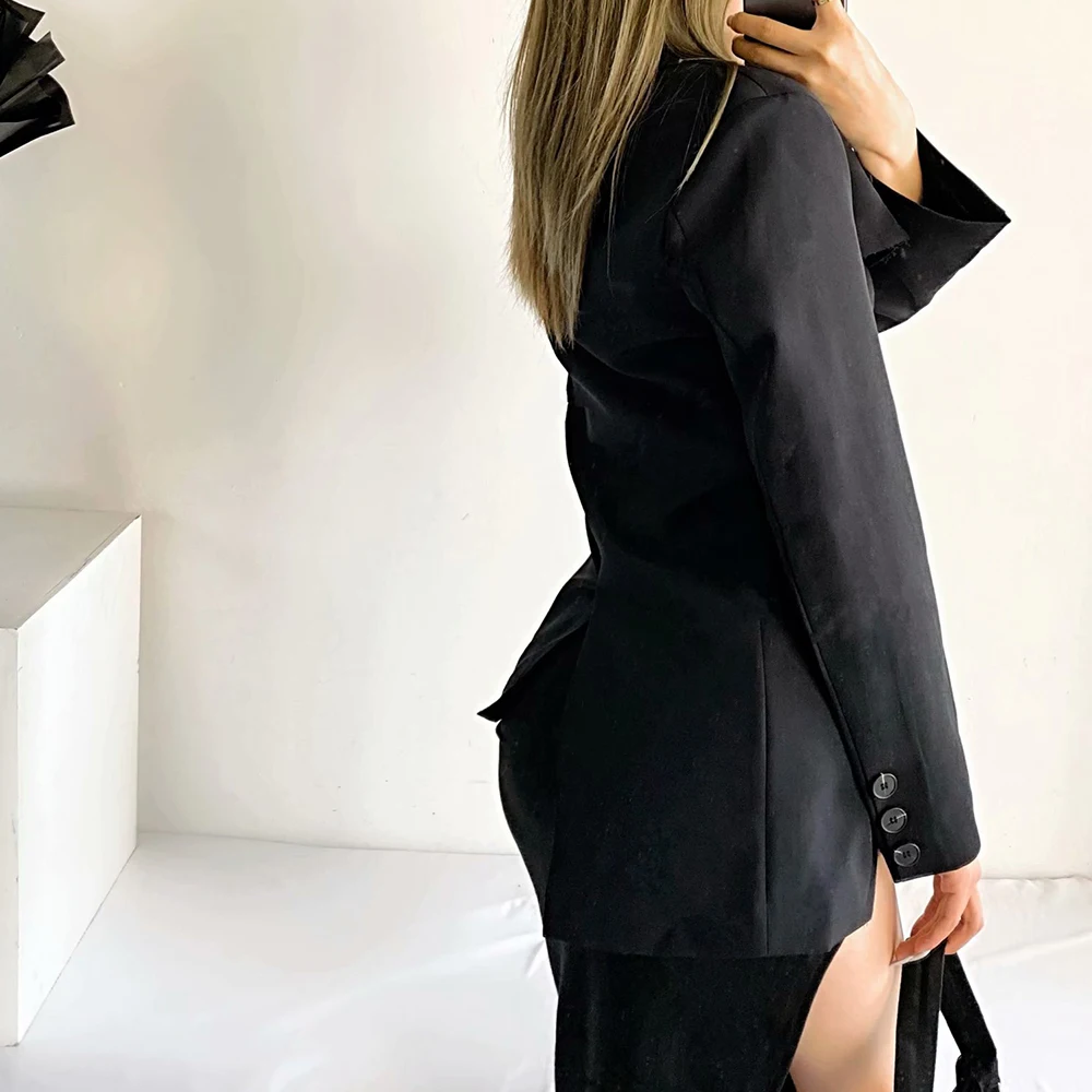 

2021 Za New Women Fashion shawl Hollow out irregular With belt Blazer Coat Vintage Long Sleeve Female Outerwear Chic Femme