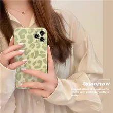 Retro matcha green tea Light color Leopard art Phone Case For iPhone 11 12 Pro Max Xr Xs Max 7 8 Plus 7Plus case Cute Soft Cover