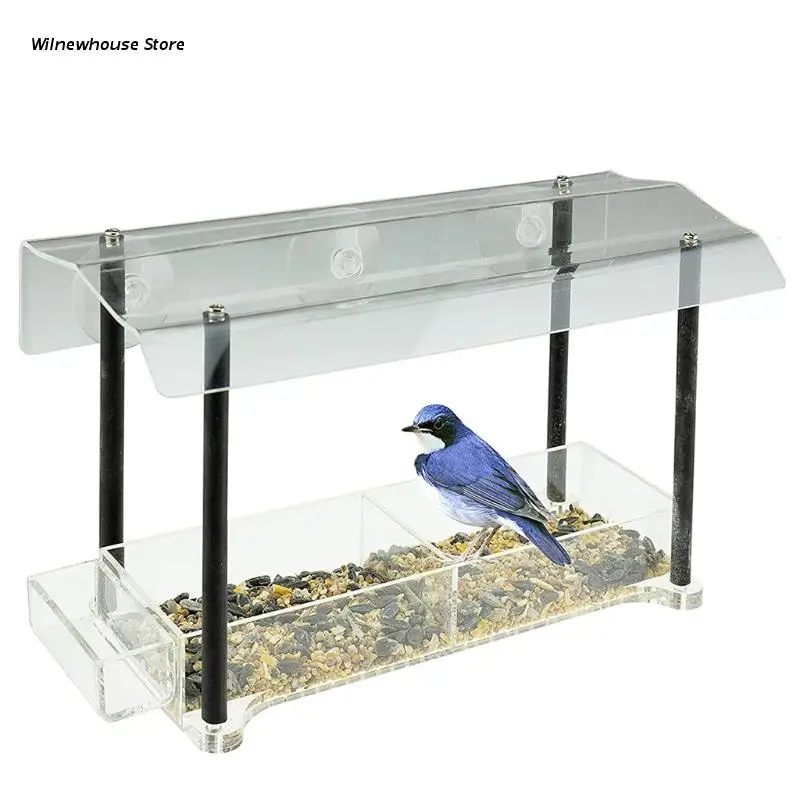 

F62A прозрачная акриловая кормушка для птиц с сильным окном, присоски и лоток для семян, колонны, большая уличная кормушка для птиц, для диких ...
