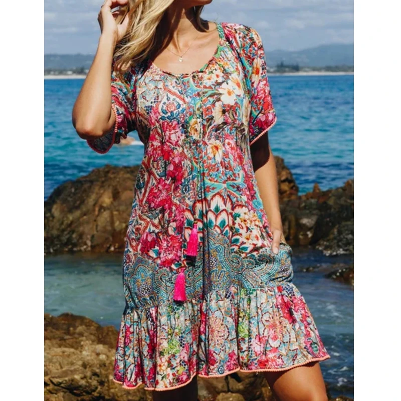 

WEPBEL Dress Women's Casual Beach Print Loose Dress Summer Fashion Pocket Stitching Short Sleeve Round Neck Lace Up Dress