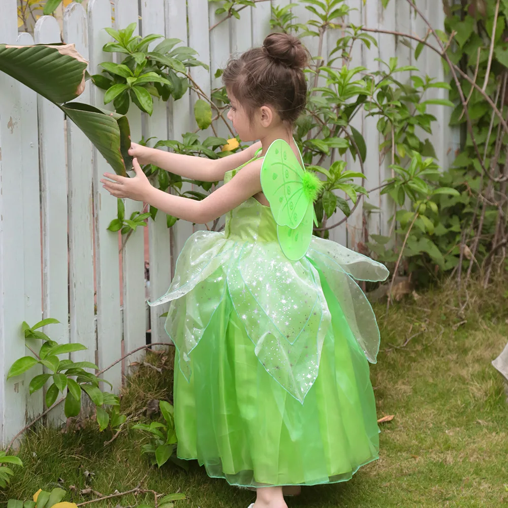Костюм принцессы с крыльями фея Динь-Динь зеленый для Хэллоуина | Тематическая