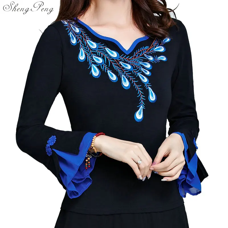 Одежда в китайском стиле женская черная вышивка фольклор винтажная рубашка