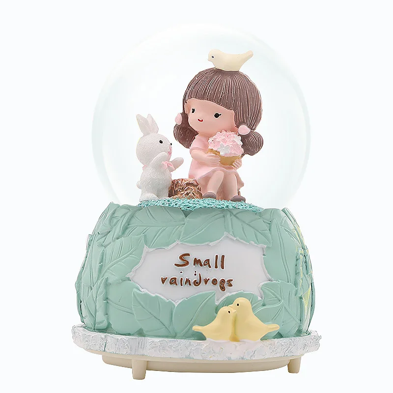 

Sweet Girl Sculpture Figurines For Home Decoration Accessories Music Box Birthday Day Gift Snowflake Colorful Light Crystal Ball
