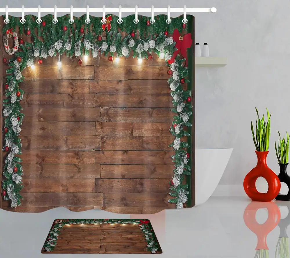 

Рождественские украшения, винтажные Деревянные Настенные нескользящие ковровые занавески для душа, водонепроницаемые Полиэстеровые зана...