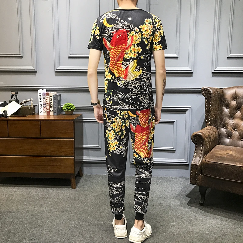 

Men Print Fish Short Sleeve T Shirt 2 Piece Set Men Outfits Men Set Trainingspak Heren High Quality Tracksuit Top And Pant