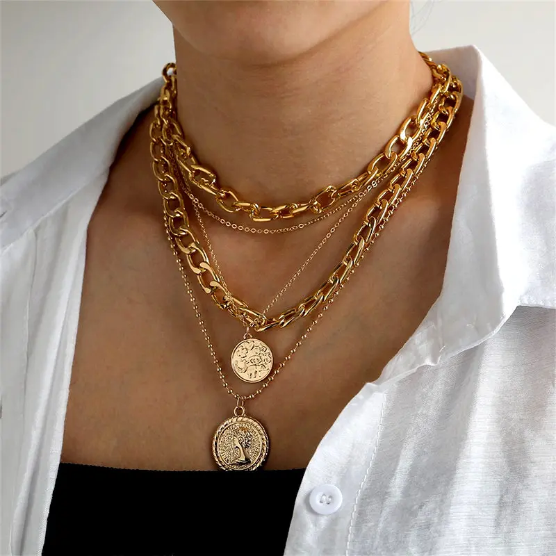 

Vintage Multilayer Chain Necklace, Women's Necklace Torques, Large Coin Pendant, Jewelry Accessories