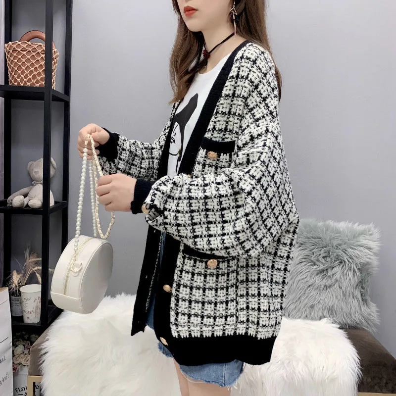 Women Sweater Jacket 2020 Oversized Knitted Cardigans Loose Plaid Jumpers Korean Clothing Robe Long Coat sueter feminino OK492 |