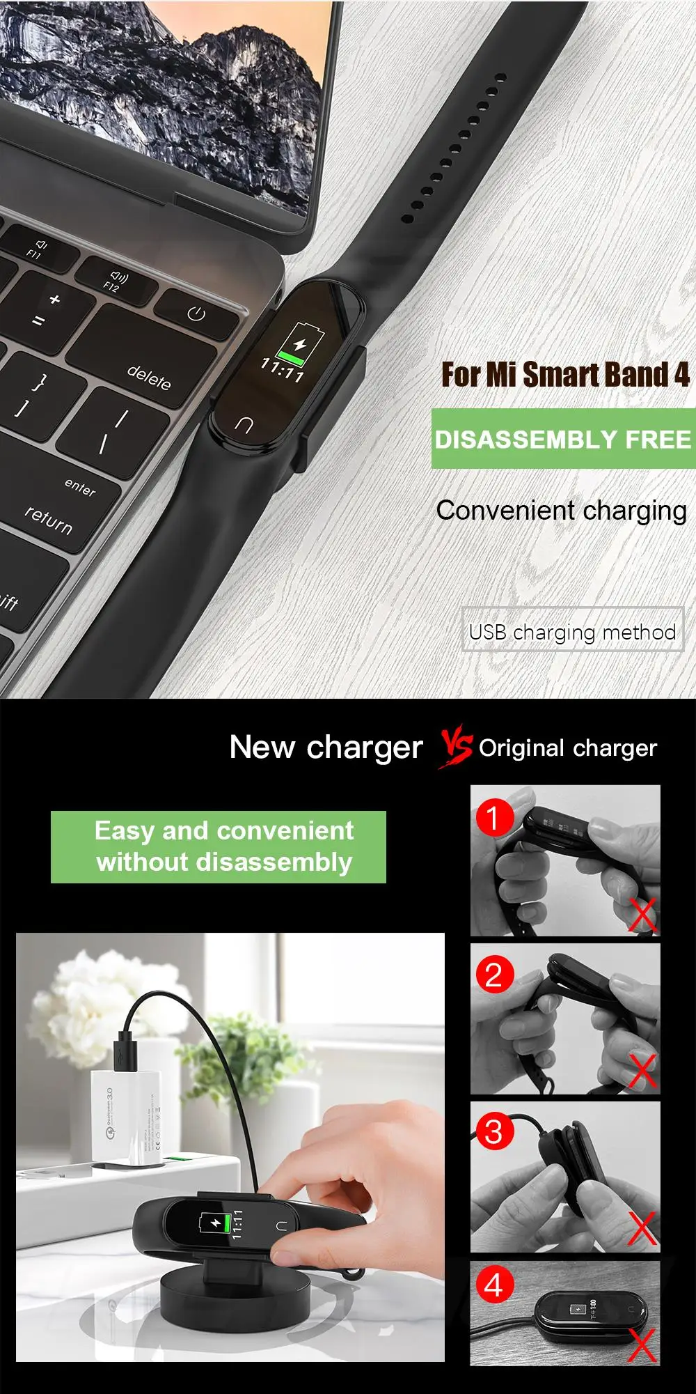 KEYSION Disassembly free Fast Charger Cable For Xiaomi Mi Band 4 global USB Charger Charging Dock for Xiaomi Mi Smart Band 4
