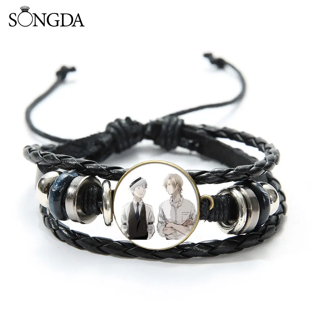 

Classic BANANA FISH Cosplay Black Leather Bracelet Handmade Cartoon Printed Glass Dome Buckle Multilayer Bracelets Gift For Men