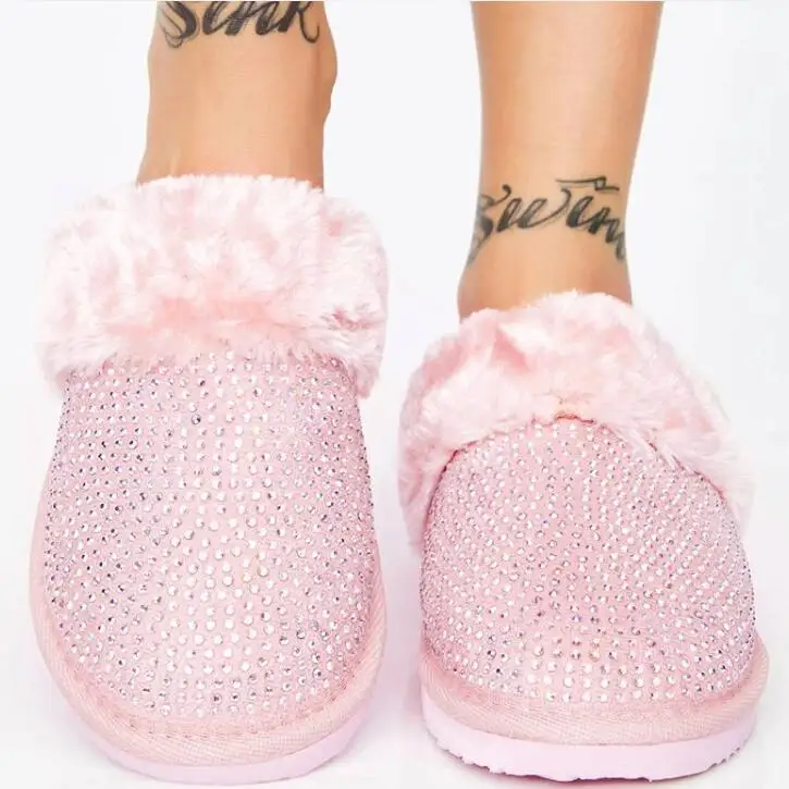 

Faux Fur Warm House Slippers Women 2020 New Fashion Women's Slippers Winter New Hedging Rhinestone Flat Home Slippers 35-43