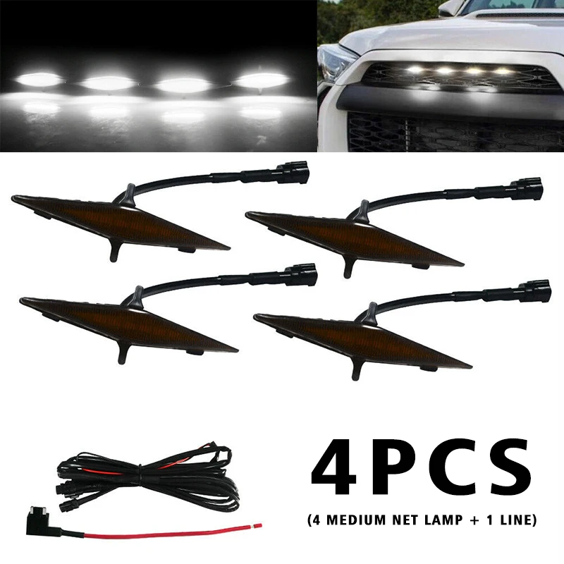 

4pcs Car White LED Front Grille Running Lights Smoked Lens Day-time Running Lamp Fit For Toyota 4Runner 2014-2019 DIY Parts