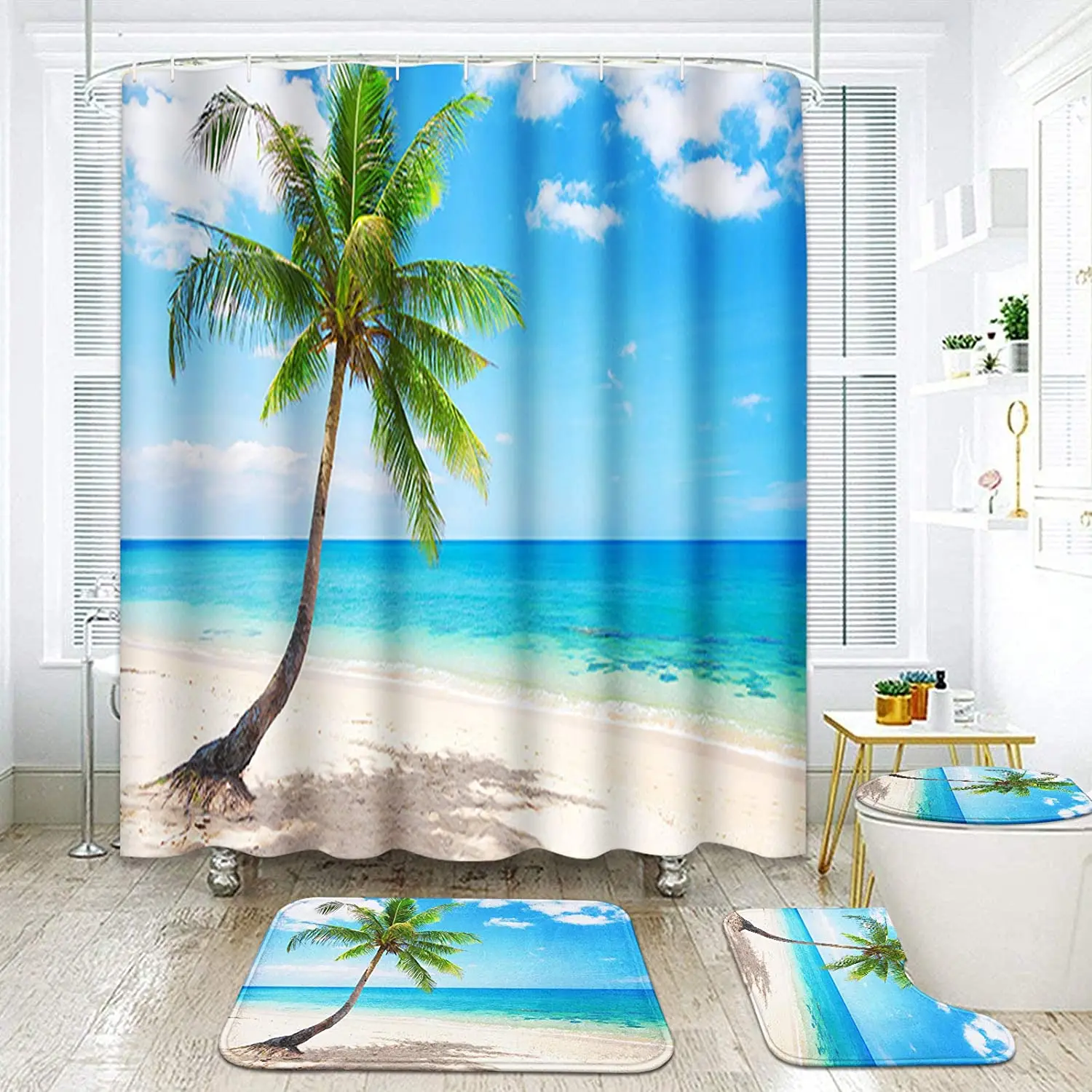 

New Beach Coconut Print Shower Curtain Set Carpet Cover Toilet Cover Bath Mat Pad Set Bathroom Curtain With 12 Hooks Home