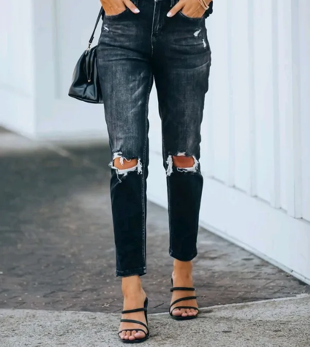 

Women's High Quality Special Fashion Jeans High Waist Elastic Perforated Small Leg Denim Pants For Women