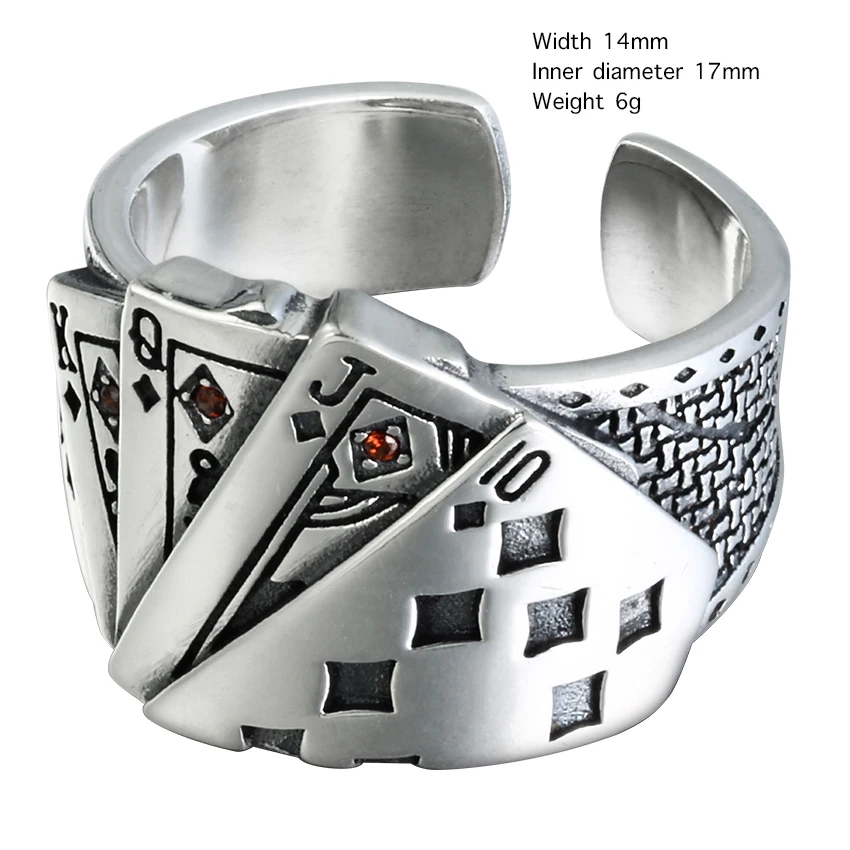 Playing Card Chunky Cubic Zirconia Engraved Adjustable 925 Sterling Silver Ring For Men Vintage Wholesale Jewelry | Украшения и