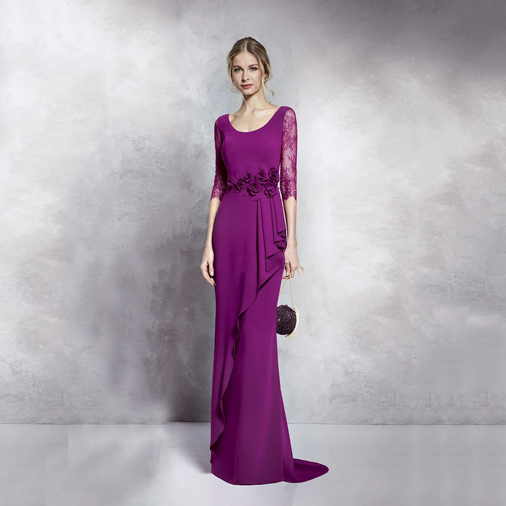 

Elegant Mother Of The Bride Dresses For Wedding Purple Chiffon Flowers Floor Length Plus Size Mom Guest Bridal Gown Formal Party
