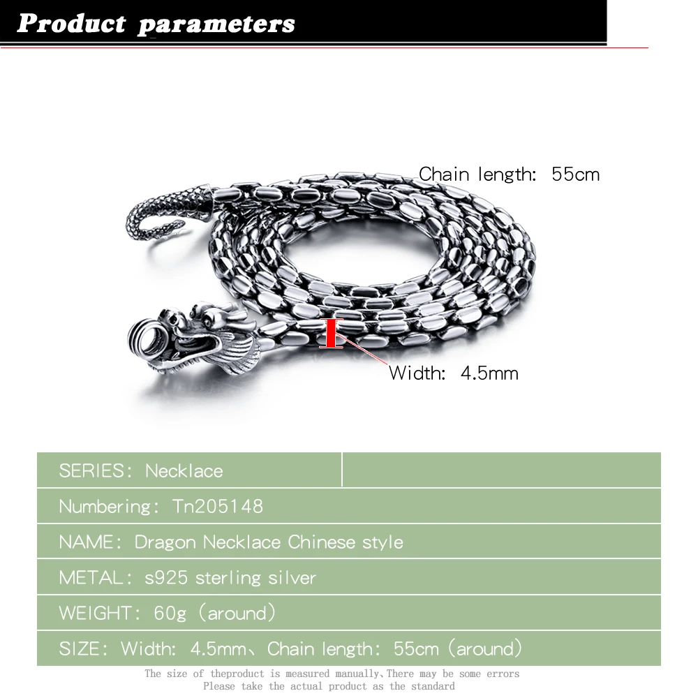 Ожерелье из серебра 925 пробы в этническом стиле цепочка тайского с драконом 56 см
