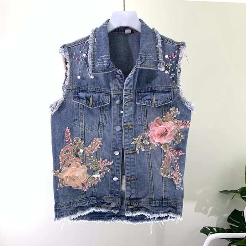 

2021 Spring Summer Women Denim Vest Jacket New Heavy Industry Beaded Flowers Hole Sleeveless Jeans Waistcoat Female Tops Coat